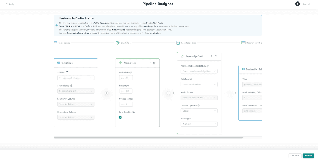 Pipeline steps with reorder and delete controls for adjusting step sequence