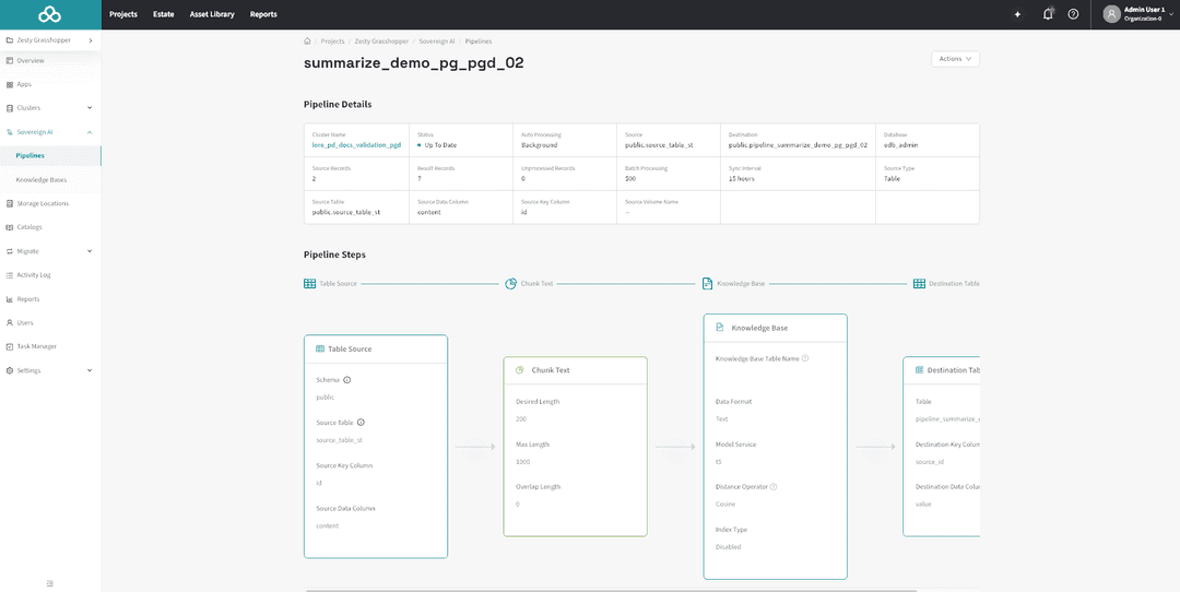 Pipeline detail page showing execution status, source and destination record counts, and pipeline configuration
